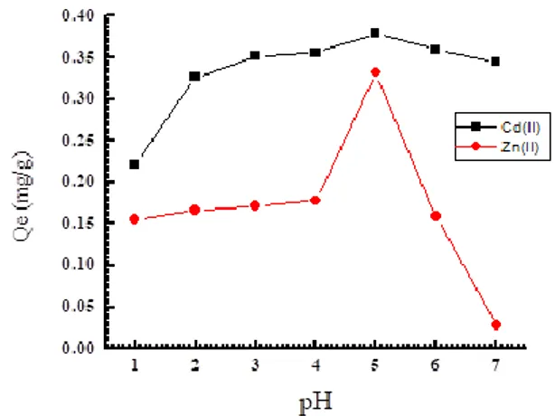Gambar  1.  Pengaruh  pH  larutan  terhadap  kapasitas  adsorpsi  ion  Cd(II)  dan  Zn(II)  dengan  adsorben   LLA-ICR