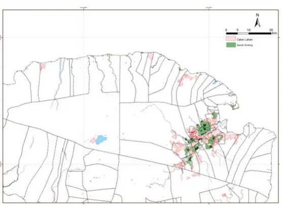 Gambar 1. Sistem dan Distribusi Calon Lahan Padi Sawah di Pulau Buru  Warna  merah  dengan  garis  miring  pada 