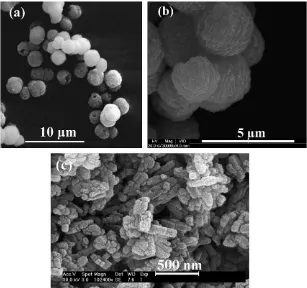 Fig. 1. The standard hydrothermal ZSM-5 samples used in this work: (a) HT1 spherical polycrystalline aggregates of particle size �3 lm at lowmagniﬁcation (·2500), (b) HT1 at high magniﬁcation (·30,000), (c) CS1 (high magniﬁcation: ·102,400).