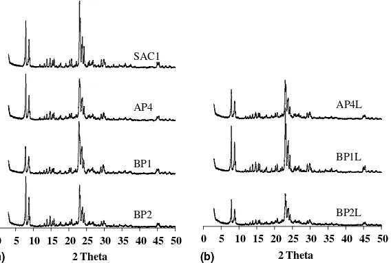 Fig. 3. XRD patterns of selected (a) calcined and (b) caustic-leached samples.