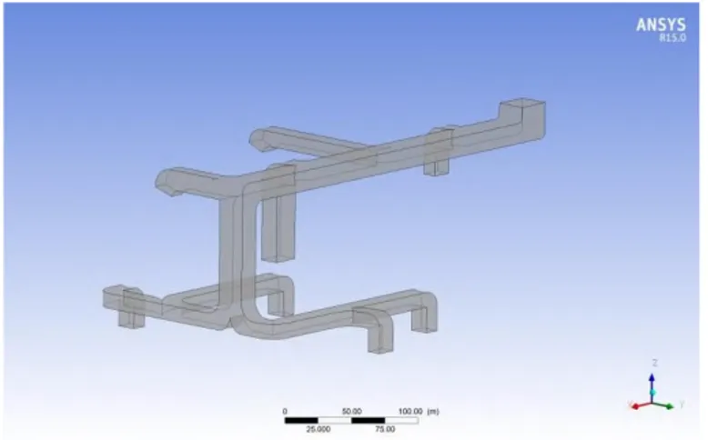 Gambar 4.2 Geometry model ducting variasi 1 pada CFX  Untuk model ducting variasi 2 sampai ducting 5 dapat  dilihat di Lampiran