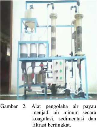 Gambar  2.  Alat  pengolaha  air  payau  menjadi  air  minum  secara  koagulasi,  sedimentasi  dan  filtrasi bertingkat