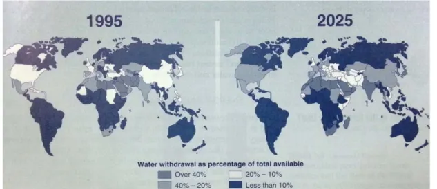 Gambar 1.  Negara-Negara yang Dihadapkan pada Kondisi Water Stress atau Water Scarce pada Tahun  1995 dan 2025 (proyeksi)  (sumber: Michelcic, James R.and  Julie B