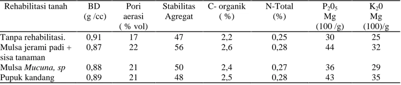 Tabel 1. Pengaruh  mulsa dan pupuk kandang terhadap sifat fisik dan kimia tanah Ultisol Jasinga, Jawa Barat Rehabilitasi tanah BD (g /cc) Pori aerasi ( % vol) StabilitasAgregat C- organik( %) N-Total(%) P 2 0 5Mg (100 /g) K 2 0Mg (100)/g Tanpa rehabilitasi