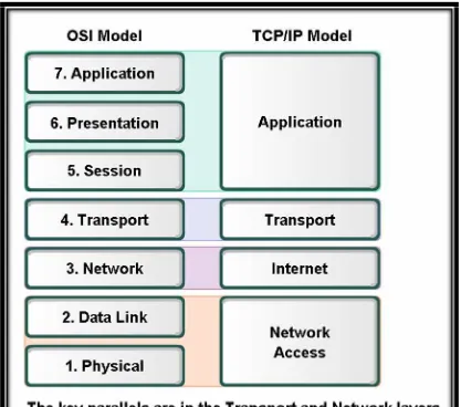 Gambar 6.8 Perbandingan antara OSI dan TCP/ IP 