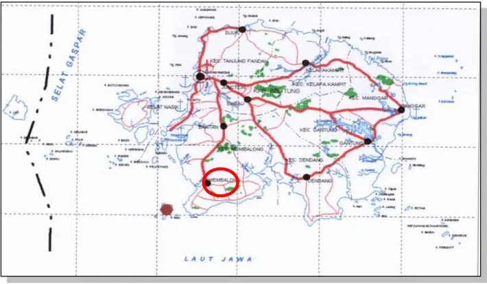 Gambar 1.   Lokasi penelitian kawasan agropolitan Desa Perpat  Kecamatan Membalong  Kabupaten Belitung 