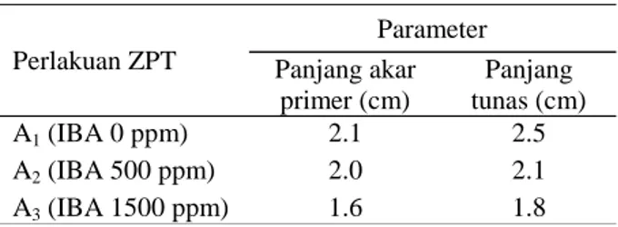 Tabel 9  Pengaruh  Zat  Pengatur  Tumbuh  (ZPT)  terhadap  panjang  akar  primer  dan  panjang  tunas  dari  stek  pucuk  kayu  putih  (Melaleuca  cajuputi) umur 4 bulan 