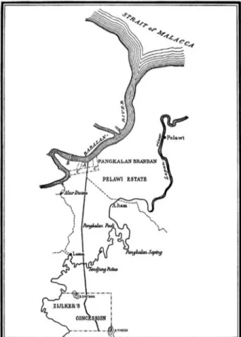 Gambar 1. Peta Pangkalan Brandan dan Konsesi  Minyak  Bumi  Ziljker.  Sumber:  F.C.  Gerretson,  History  of  the  Royal  Dutch,  Volume  2