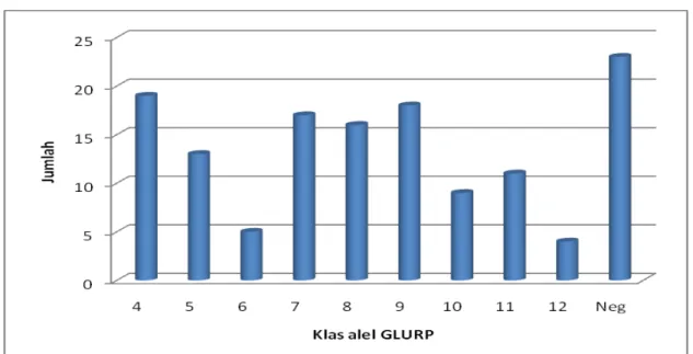 Grafik 3. Keragaman Alel P. falciparum Lokus Gen GLURP pada Penderita Malaria   di Kalimantan dan Sulawesi (n = 112) 