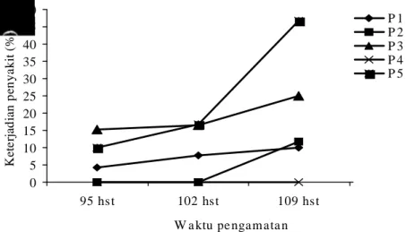 Tabel 1. Keterjadian penyakit antraknosa pada buah cabe yang diperlakukan dengan ekstrak berbagai bagian  tanaman mengkudu pada beberapa periode pengamatan 