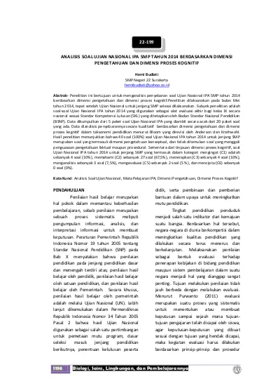 Analisis Soal Ujian Nasional Ipa Smp Tahun 2014 Berdasarkan Dimensi Pengetahuan Dan Dimensi 7338