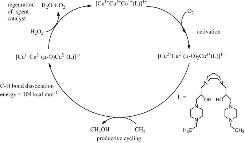 Fig. 9. Productive cycling in the oxidation of methane by O2, mediated by the [Cu1+–Cu1+–Cu1+(7-N-Etppz)]1+ complex in the presence of H2O2 as the sacriﬁcial reductant.Adapted from Refs