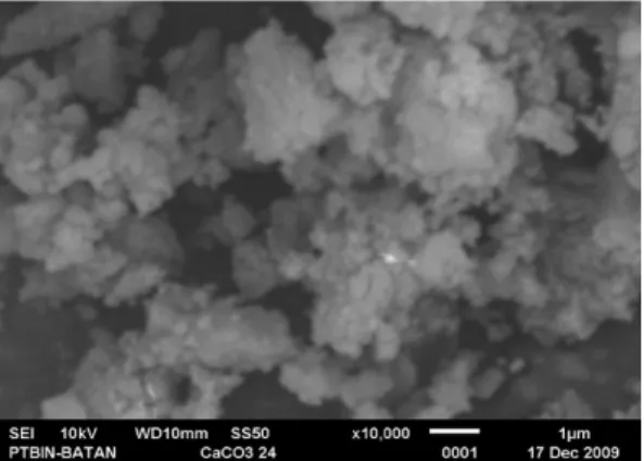 Gambar 7. Morfologi permukaan sampel CaCO3 setelah milling  Pada  Gambar  7  terlihat  bahwa  ukuran 