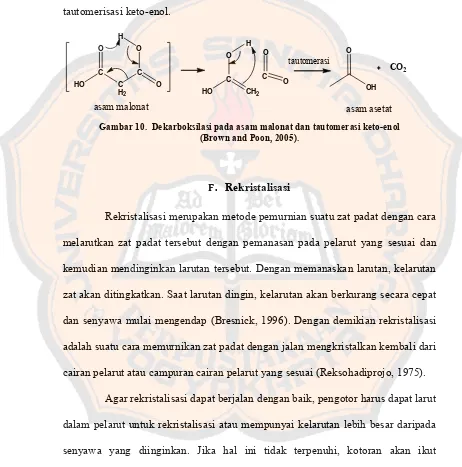 Gambar 10.  Dekarboksilasi pada asam malonat dan tautomerasi keto-enol  