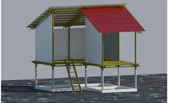 Gambar 2: Rumah panggung konstruksi bambu yang sudah dikembangkan. (Sumber : Data Penulis, 2017) 