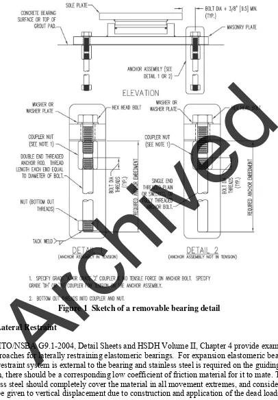 Figure 1  Sketch of a removable bearing detail  5.2AASHTO/NSBA G9.1-2004, Detail Sheets and HSDH Volume II, Chapter 4 provide examples of approaches for laterally restraining elastomeric bearings