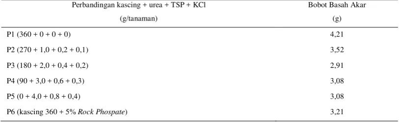 Tabel 8. Bobot basah akar kailan (g) umur 5 MSPT pada berbagai perbandingan kascing,  urea, TSP dan KCl 