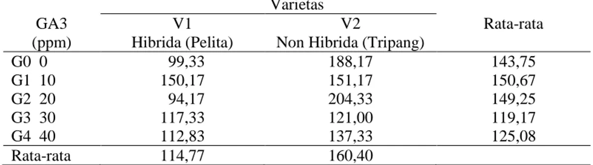 Tabel 7.  Rata-rata  jumlah  buah  per  tanaman  (buah)  pada  perlakuan      pemberian  konsentrasi GA3 dan jenis varietas