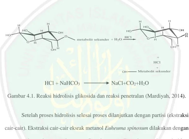 Gambar 4.1. Reaksi hidrolisis glikosida dan reaksi penetralan (Mardiyah, 2014). 