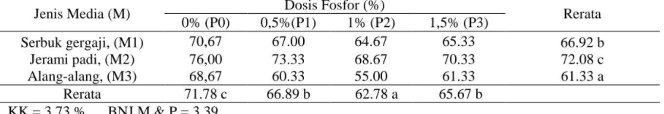 Tabel  2.  Rerata  Umur  Muncul  Pinhead  Jamur  Tiram  Putih  pada  Beberapa  Jenis  Media  dan  Dosis  Fosfor (hari)