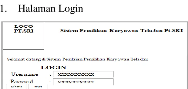 Gambar 4. Perancangan Halaman Login  Admin  input  username  dan  password  kemudian klik tombol submit untuk bisa ke  halaman penilaian kinerja pegawai