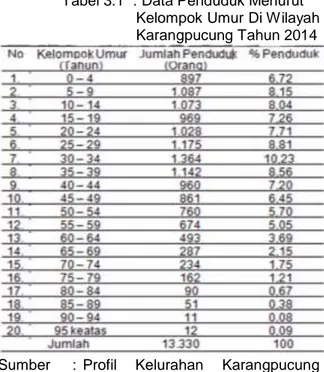 Tabel 3.1  : Data Penduduk Menurut   Kelompok Umur Di Wilayah  Karangpucung Tahun 2014 