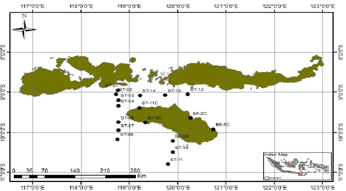 Gambar 1. Peta lokasi Penelitian Ekspedisi Widya Nusantara 2016 dengan lingkaran  hitam adalah                     lokasi pengambilan sampel untuk penelitian  ini dengan kode sampel “ST 014” 