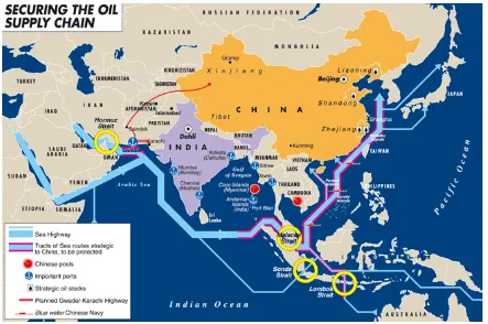 Gambar 1. Jalur penyebaran Tanker Jepang dalam pengiriman minyak mentah dari Timur Tengah ke  negara-negara pengimpor minyak
