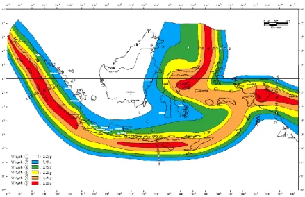 Gambar 9. Wilayah gempa Indonesia dan percepatan puncak batuan dasar dengan perioda  ulang 500 tahun [15] 