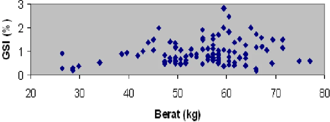 Gambar 4. Hubungan antara bobot (kg) dengan GSI (%) ikan tuna sirip kuning (n=128). 