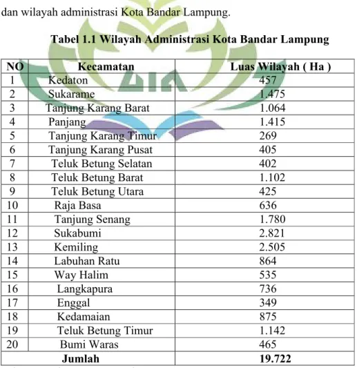 Tabel 1.1 Wilayah Administrasi Kota Bandar Lampung NO                Kecamatan                   Luas Wilayah ( Ha )