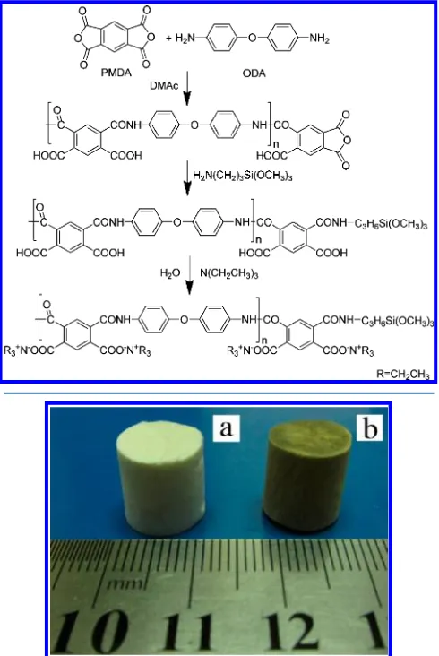 Figure 1. PI/clay aerogel composite: (a) before imidization and (b)after imidization.