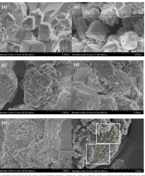 Fig. 2. FE-SEM images showing changes in the surface morphology of zeolite (a) before TiO2 loading; (b) after TiO2 loading; (c) with 5% w/v zeolite; (d) with 10% w/v zeolite;(e) with 15% w/v zeolite and (f) measured TiO2 crystallites size on zeolite.