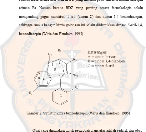 Gambar 2. Struktur kimia benzodiazepin (Wiria dan Handoko, 1995) 