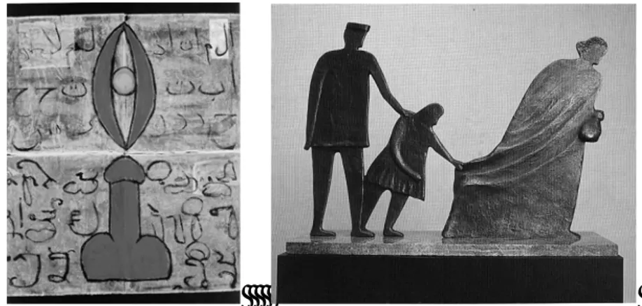 Gambar 2   (a) Arahmaiani, Lingga-Yoni, 1994 Akrilik di atas kanvas, 182 x  140 cm; (b)  Iriantine Karnaya, I’m Leaving, 1995 patung metal, 45 x 61 x 5 cm  (Sumber: Supriyanto, E