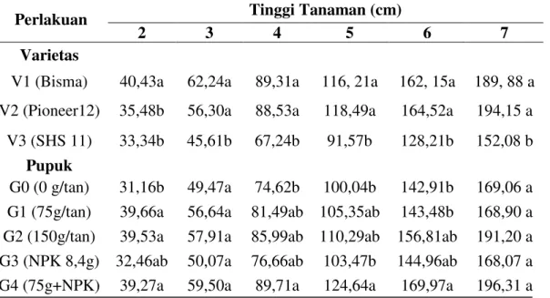 Tabel 1. Rataan tinggi tanaman pada 2-7 MST dari varietas dan pemberian pupuk organik      Perlakuan  Tinggi Tanaman (cm) 