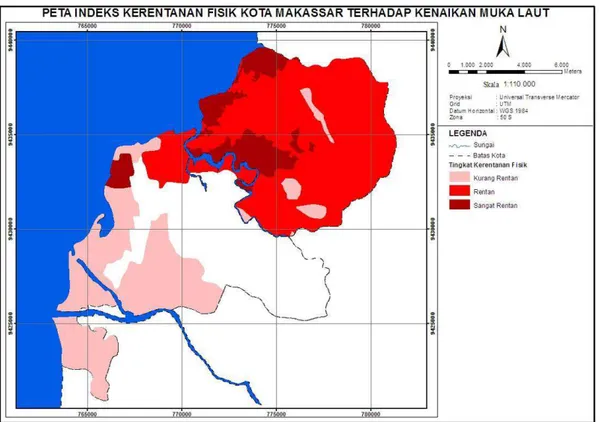 Gambar 4. Peta indeks kerentanan fisik wilayah pesisir Kota Makassar hasil analisis. 