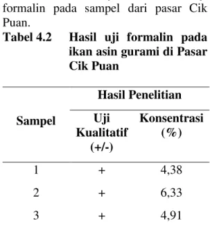 Tabel 4.2    Hasil  uji  formalin  pada  ikan asin gurami di Pasar  Cik Puan  Sampel  Hasil Penelitian Uji  Kualitatif  (+/-)  Konsentrasi  (%)  1  +  4,38  2  +  6,33  3  +  4,91 