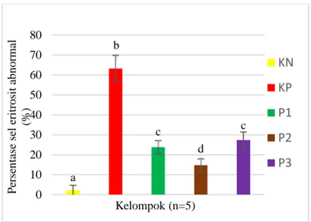Gambar 2. Histogram efek dekokta daun pulutan  terhadap  persentase  sel  eritrosit  abnormal  ikan  zebra fase dewasa yang dipapar malathion secara  kronik  a b a c a0246810121416Kadar Hb (g/dL)Kelompok (n=5) KNKPP1P2P3abcdc01020304050607080