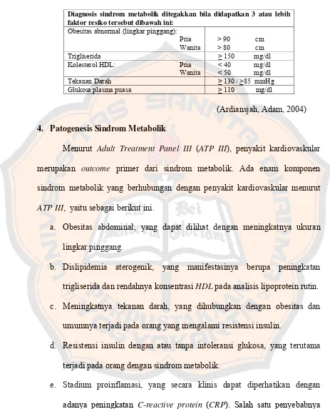 Tabel II. Kriteria Sindrom Metabolik Menurut NCEP ATP III Tahun 2001 