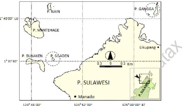 Gambar 1. Peta lokasi penelitian di perairan P. Gangga dan P. Siladen, Sulawesi  Utara