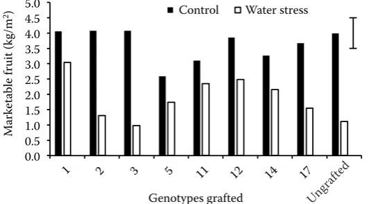 Fig. 3. Interaction of genotype × irrigation for marketable fruits of cv. Verset ungrafted or grafted onto genotypes 1, 2, 3, 5, 11, 12, 14 and 17 under control (100% of ETc) or water stress (60% of ETc)values are means of 75 plants; the vertical bar in-