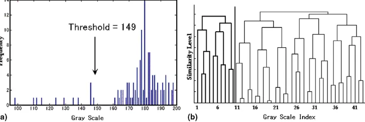 Fig. 1. (a) Histogram of the sample image and (b) the obtained dendrogram.