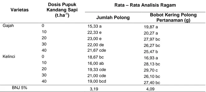 Tabel 2 Rata-rata Analisis Ragam Kacang Tanah Akibat Interaksi Perlakuan Varietas dan Dosis  Pupuk Kandang Sapi 