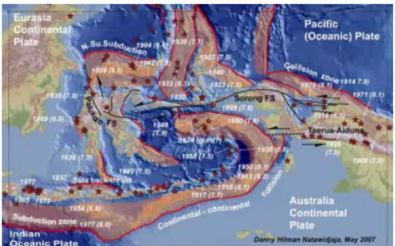 Gambar 1. Peta tektonik aktif dan      sejarah  gempa bumi dari wilayah Indonesia Timur  (Natawidjaja, 2007) 