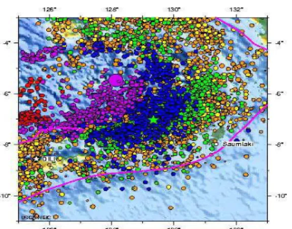 Gambar 2. Peta seismisitas yang menggambarkan  distribusi gempa dari tahun 1990 – 2009 di wilayah  Laut Banda (USGS, 2009) 