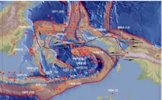 Gambar 3. Peta sumber gempa di bawah laut  yang berpotensi tsunami, angka-angka 