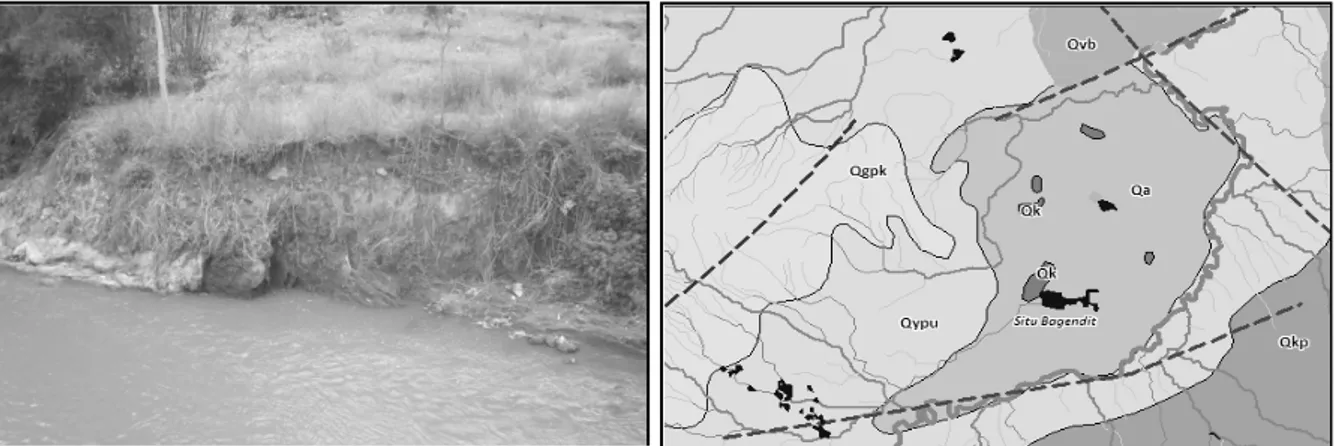 Gambar 5. Indikasi keberadaan sesar berarah barat daya-timur laut di Sungai Cimanuk. Wilayah Leuwigoong,  berupa tuf  terpatahkan (a) dan kelokan S
