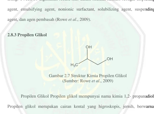 Gambar 2.7 Struktur Kimia Propilen Glikol  (Sumber: Rowe et al., 2009) 