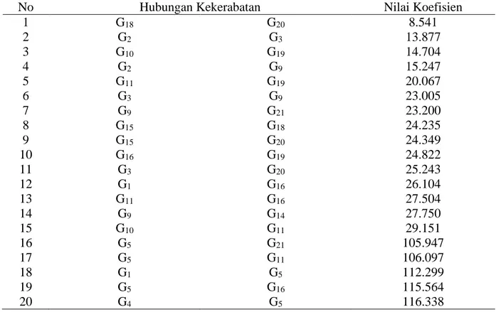 Tabel  2.  Hubungan  kekerabatan  21genotip  di  Kabupaten  Simalungun  dan  Kabupaten  Dairi  berdasarkan Dissimilarity Matrix 